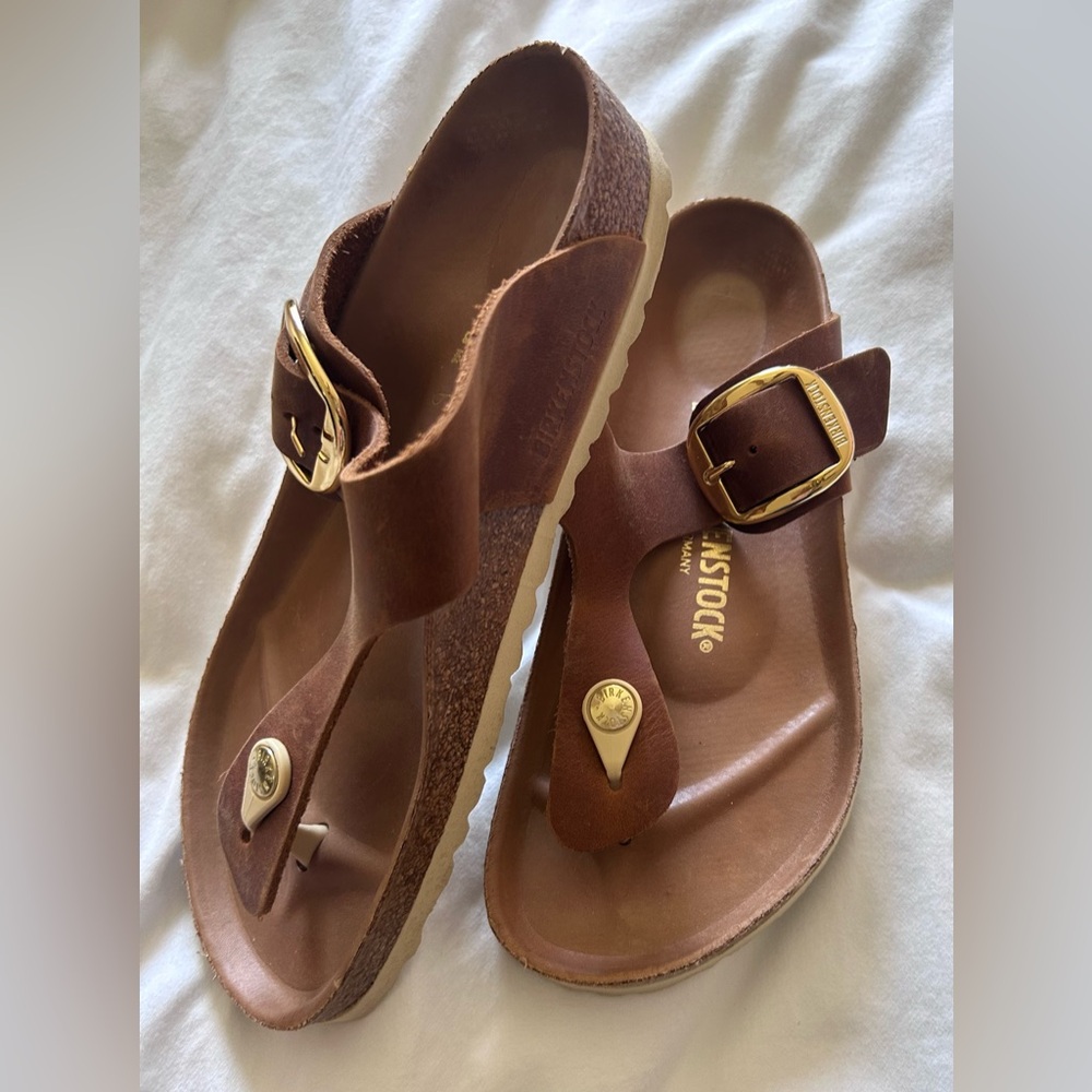 Birkenstock Tan Sandals with Gold Accents